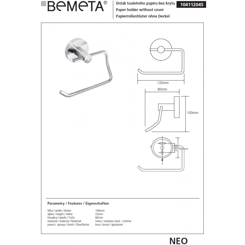 Dispenser carta igienica NEO senza coperchio in acciaio 10x9x13,5cm