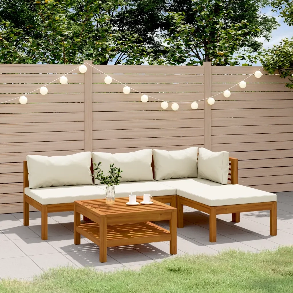 Set Divani da Giardino 5 pz con Cuscini Crema in Legno Acacia 3086926