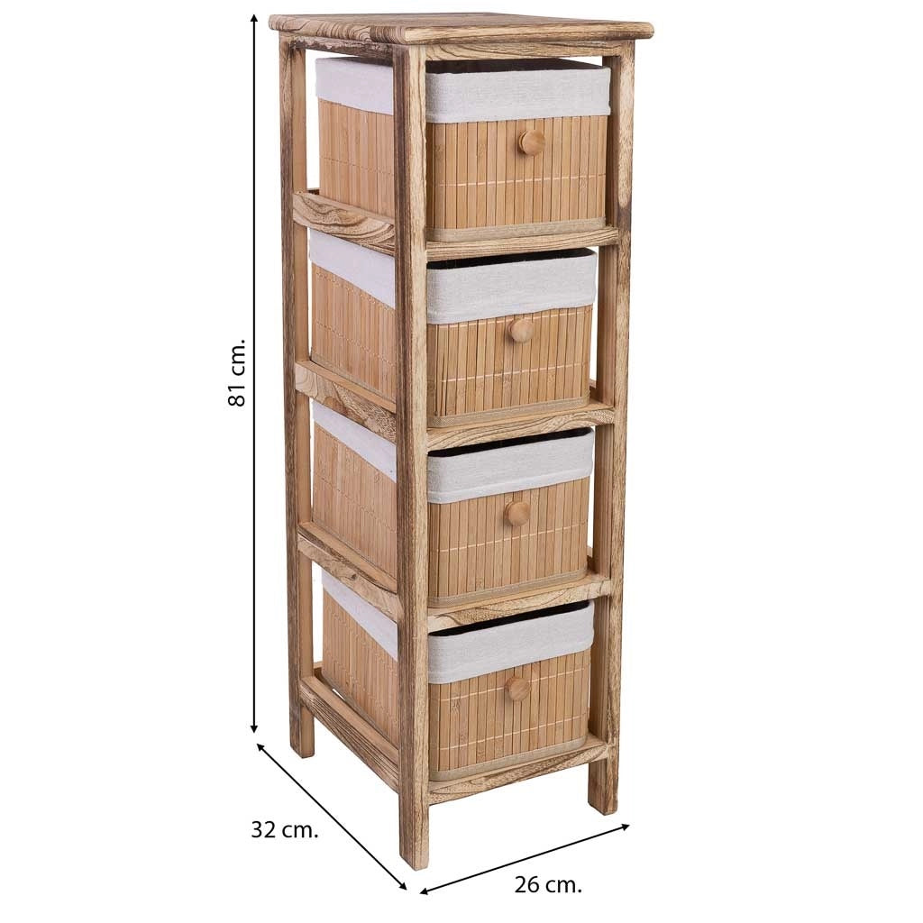 Cassettiera in legno con 4 cassetti in bambù foderati 26x32x81