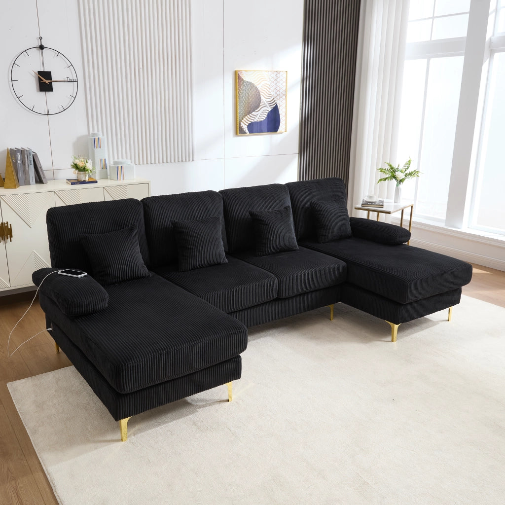 DIVANO a U in velluto nero 265x135x88 cm con LED e porta USB