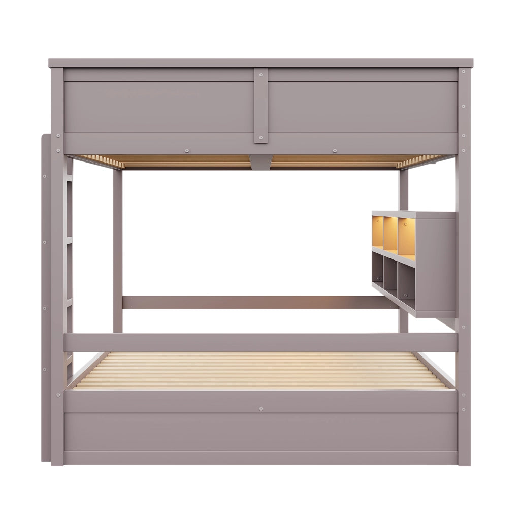 Letto a Castello 160x200 cm con 6 Armadietti e Luce LED; in MDF e Legno Massello; Marrone