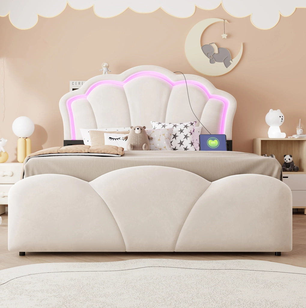 Letto imbottito 140x200 cm con contenitore idraulico; LED e vani nella testiera in velluto beige