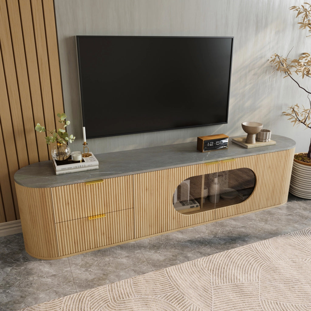 OKWISH Mobile TV con Vetrina Ovale in Vetro Grigio e Vani Chiusi, Stile Minimalista, per Soggiorno, MDF, 172 x 38 x 45.5 cm
