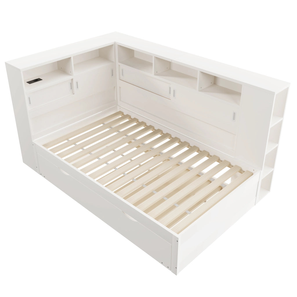 Letto singolo bianco 90x200 cm per bambini con letto estraibile e contenitore