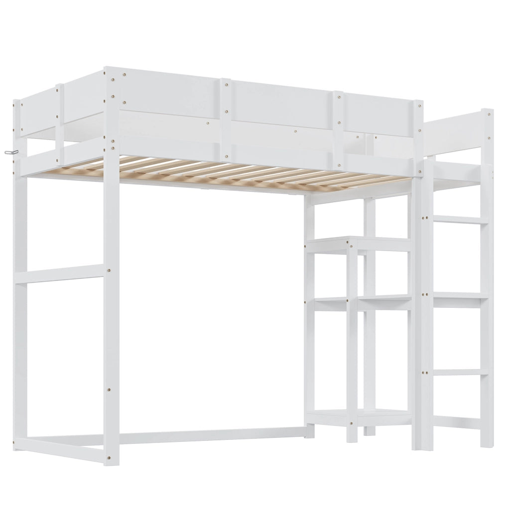 Letto a soppalco per bambini 90x200 cm con ripiano; in pino massello; bianco