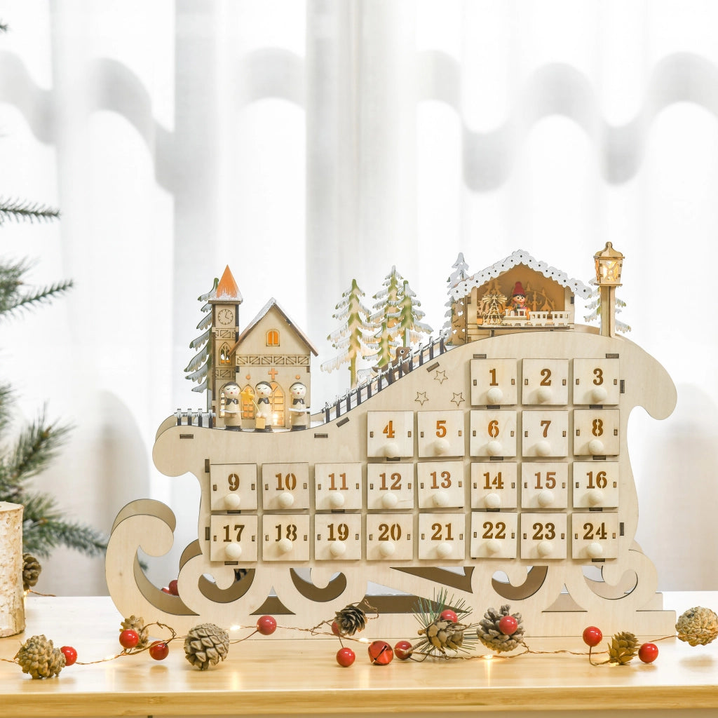 Calendario dell'Avvento in Legno con Luci ¨C Zephmum ¨C 24 Cassetti Bianco Caldo