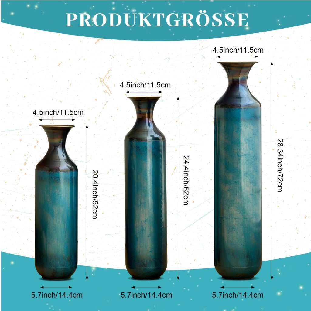 Vaso decorativo in metallo con finitura patina bluverde artigianale rustica per salotto, ingresso e terrazza