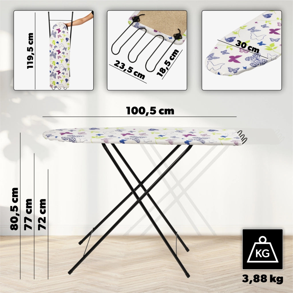 Asse da stiro pieghevole KADAX 100x30cm, leggera, con supporto per ferro da stiro standard.