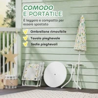 Set da Giardino per Bambini 2-5 Anni con Tavolino Rotondo, 2 Sedie Pieghevoli e un Ombrellone, Bianco