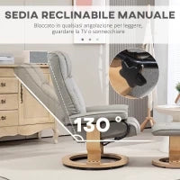 Poltrona Reclinabile a 130° con Pouf Poggiapiedi in Finta Pelle, Base Girevole e Dondolo, Grigio