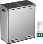 Contenitore Rifiuti, Sistema di Separazione Rifiuti con 2 contenitori interni in plastica, 2 x 30 L pedaliere, contenitore rifiuti con pedale, maniglie, Cassetto Rifiuti in Acciaio Inox