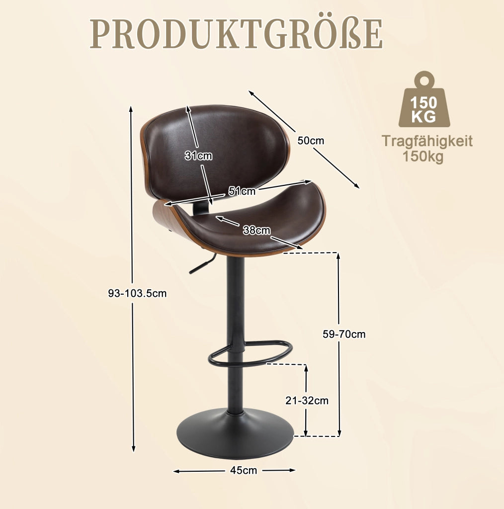 Sgabello da bar girevole e regolabile in altezza; in PU marrone; con schienale ergonomico