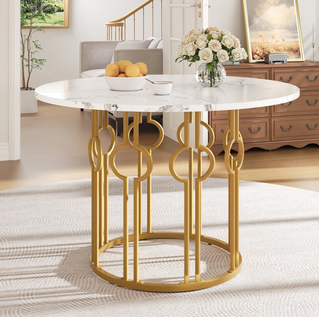 Tavolo da pranzo 100 x 100 x 76 cm in MDF e metallo; bianco e oro