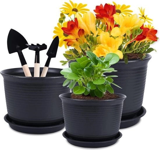 3 set di vasi in plastica per piante, vasi per piante con foro di drenaggio 3 dimensioni 15 cm, 18 cm, 21 cm, vasi per piante in plastica per piante da crescita intensa, vasi per piante per fiori e piante (nero)