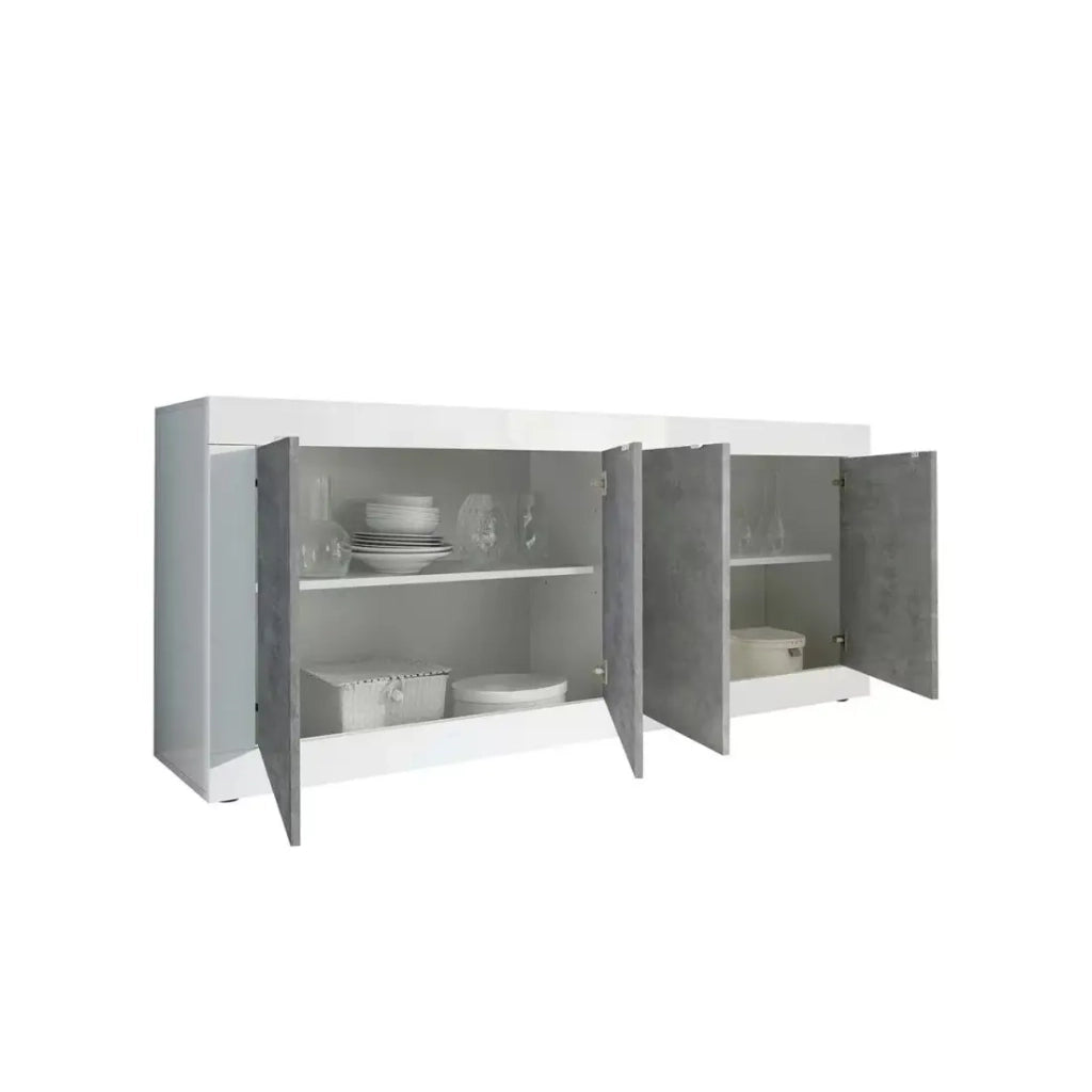 Buffet 4 porte, collezione ISORA, bianco lucido laccato/rovere chiaro, ideale per soggiorno moderno