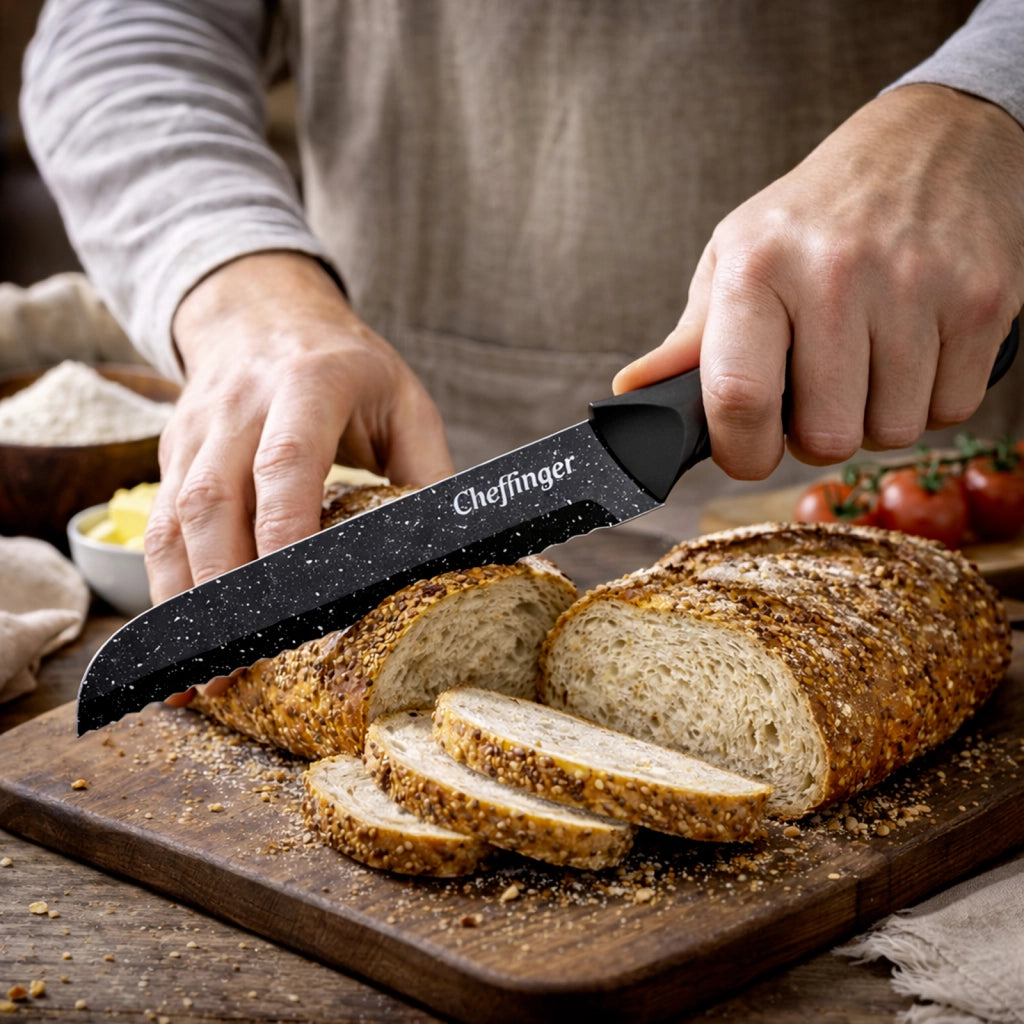 Set di 6 Coltelli Effetto Marmo Antiaderenti con Pelapatate Manici Lisci Nero Cheffinger