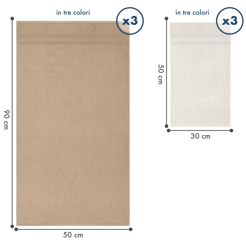 Asciugamani Bagno 100% Spugna Puro Cotone 450 Gr 6 Pezzi 3 Salvietta Viso 3 Asciugamano Ospite Mani Qualità Salviette Super Morbide Bicolore Beige