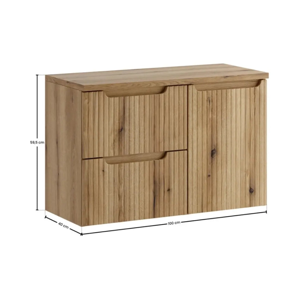 Set da bagno VANO in rovere chiaro 90cm: mobile sottolavabo con cassetti e cesto della biancheria integrato + piano per lavabo