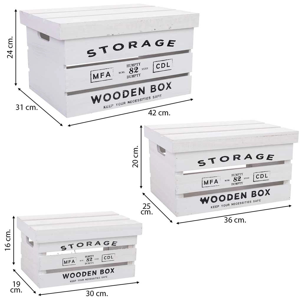 Scatole in legno stampate set 3 pz 42x31x24h-36x25x20h-30x19x16h cm