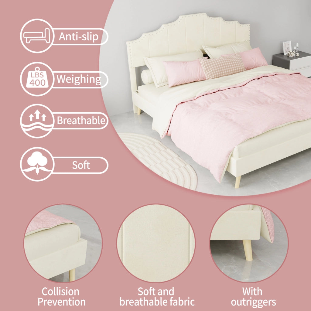 Letto imbottito 160 × 200 cm con testiera geometrica e borchie; rete a doghe; rivestimento in tessuto beige