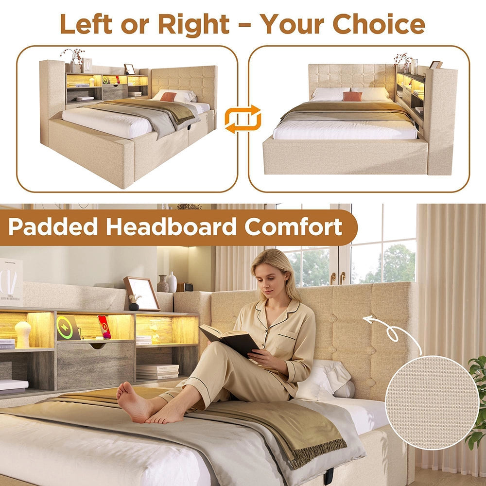 Letto imbottito-Xylo-140x200cm LED idraulico testiera a L lino beige con materasso