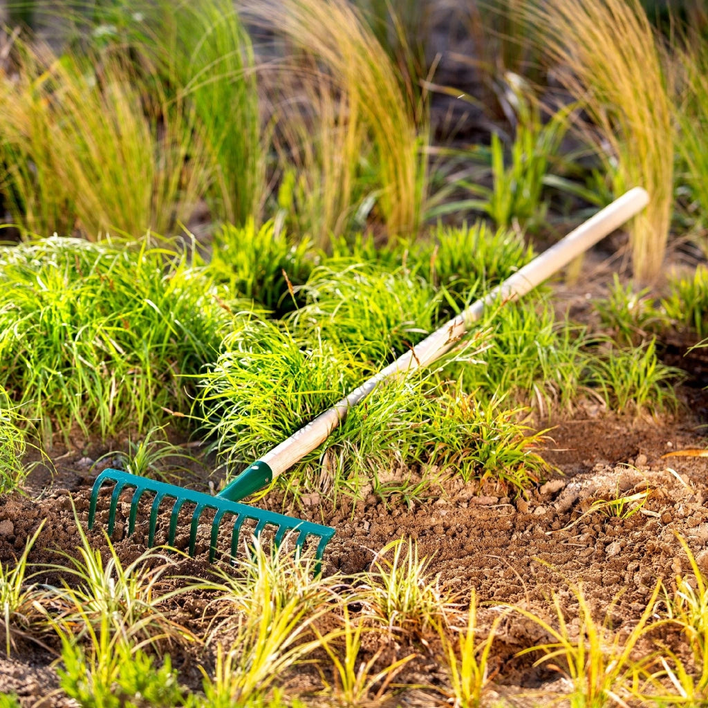 Rastrello per foglie KADAX, per giardino ed erba, con manico in legno, 138 cm, rastrello solido a 12 denti.
