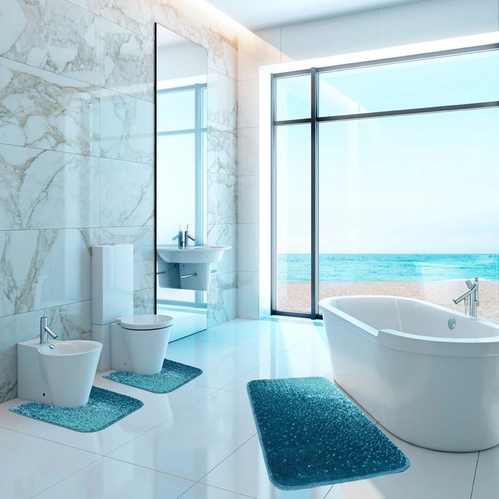Tappeto Bagno Camera Scendiletto Doccia Vasca Antiscivolo Assorbente Shaggy Soffice IBISCO A Parure 3 Pezzi - Blu