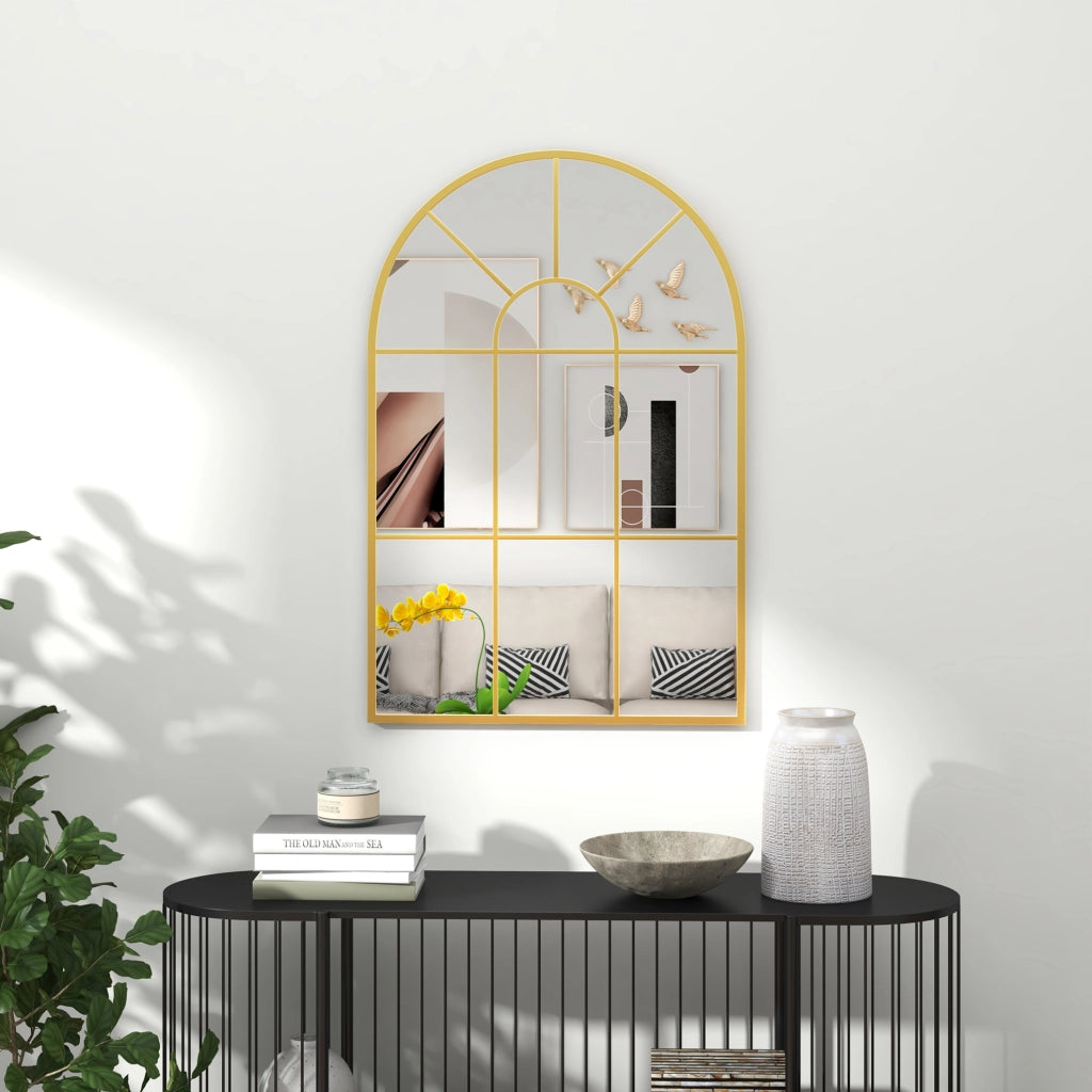 Specchio da parete ad arco con cornice in metallo oro 91x60 cm