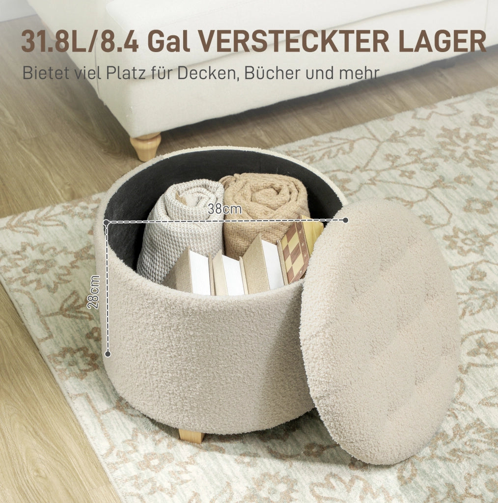 Pouf contenitore rotondo in poliestere color crema