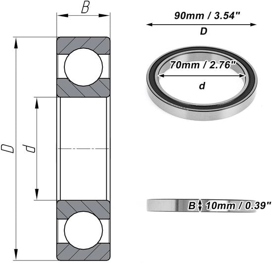 Laghi a sfera profondi con dente 70x90x10mm - Lamiere smaltate - Doppia guarnizione in gomma - Tono argento nero - Ruote scooter skateboard