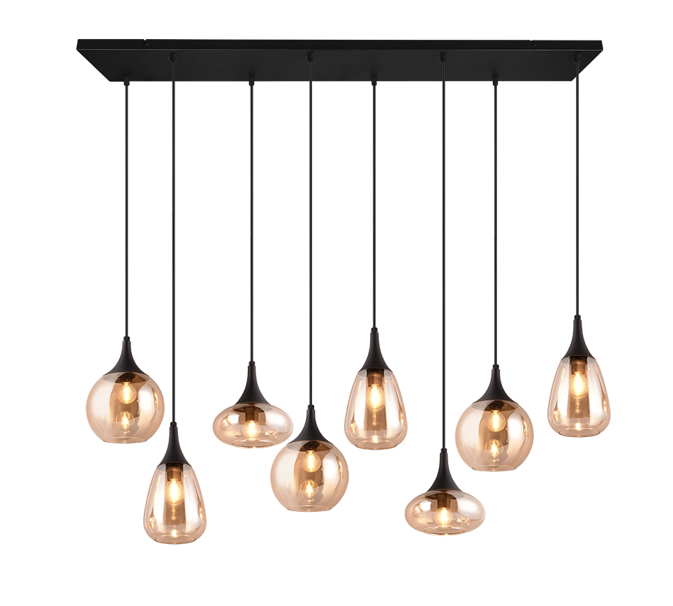 Lampada a sospensione 8 diffusori, vetro, nero e ambra, L 121 cm, Lumina