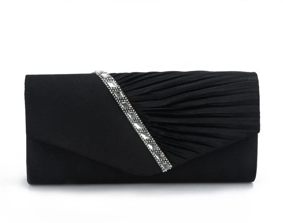 Borsa a tracolla per donne con cristalli per una serata elegante, modello EVEOUT, codice prodotto 12345, colore bianco, dimensioni 40x30x15 cm, materiale satinato, peso 250g, con chiusura a velcro.