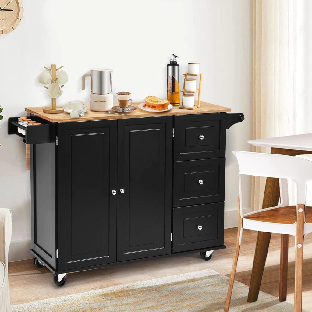 Carrello da Cucina, Credenza Mobile Salvaspazio, Ruote con 2 Freni, Piano Pieghevole, 2 Ripiani Regolabili, 3 Cassetti, 2 Ante, Portaspezie e Portasciugamano, 111x76x91 cm, Nero