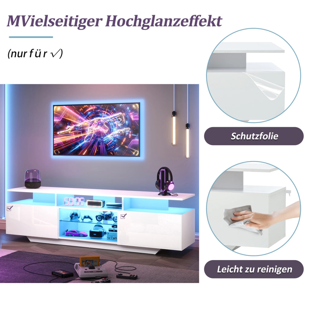 Mobile TV ULEVR 160x40x45 cm bianco con LED controllabile via app, 2 armadietti e 8 ripiani