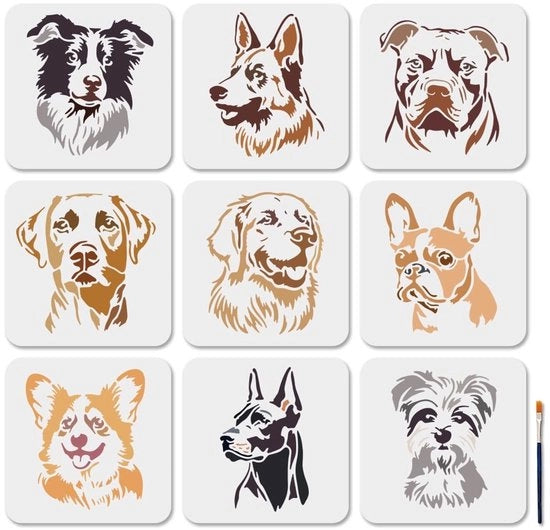 Schede per pittura 9 pezzi - Temi cani - Riciclabile - Plastica - 20 × 20 cm - Incluso pennello da pittura - Schede per pittura