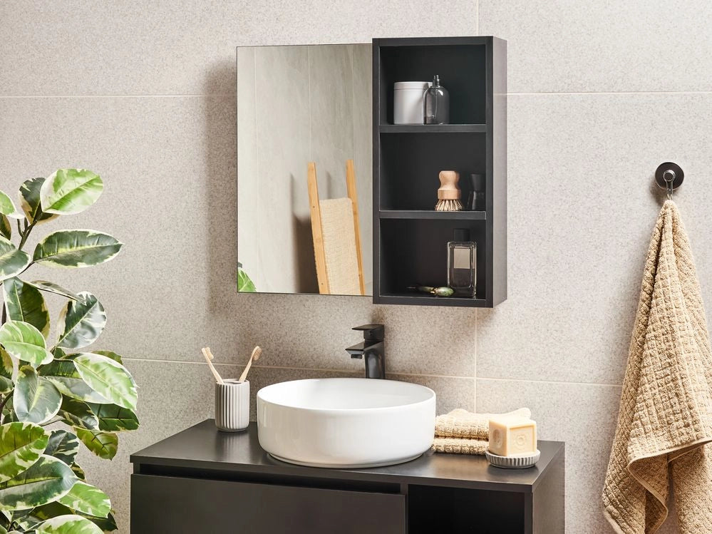 Mobiletto da bagno a parete con armadio a specchio effetto marmo nero Finitura melaminica