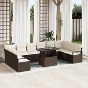 Set Divano da Giardino  11 Pezzi con Cuscini Marrone Polyrattan