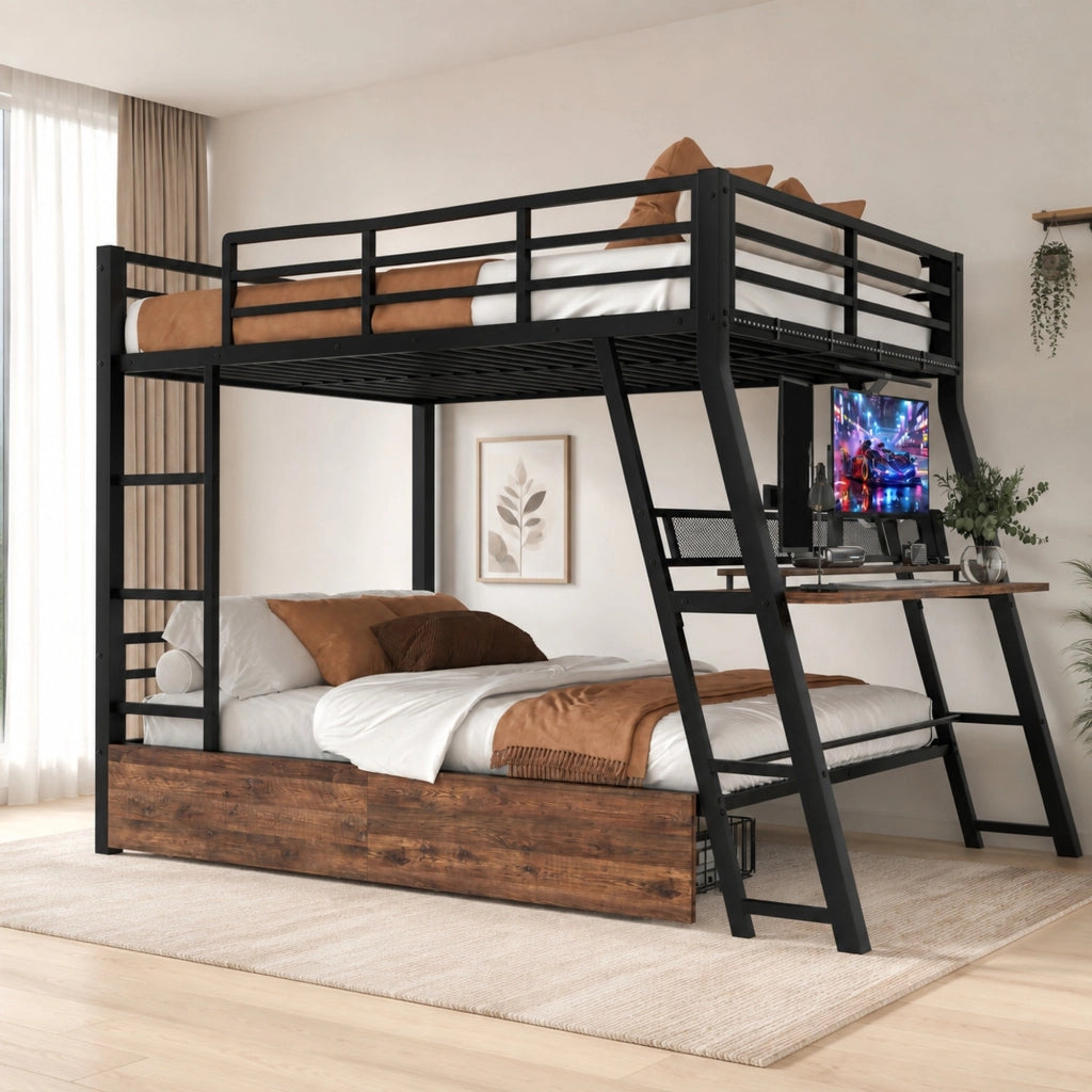 Letto a soppalco 140x200 cm in metallo e MDF; con scrivania; LED; cassetti; nero