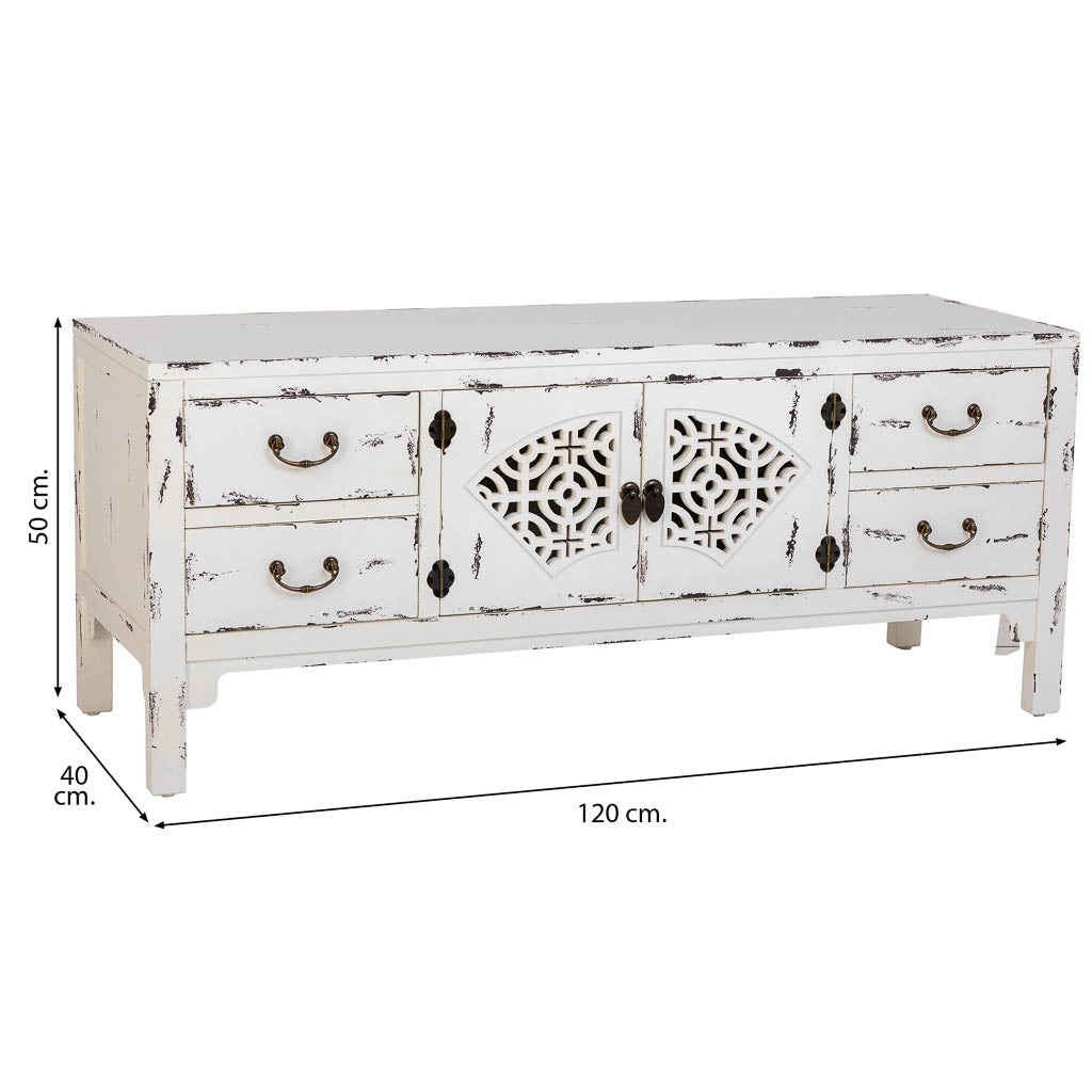 Mobile basso in legno laccato bianco, 4 cassetti 2 porte 120x40x50h cm