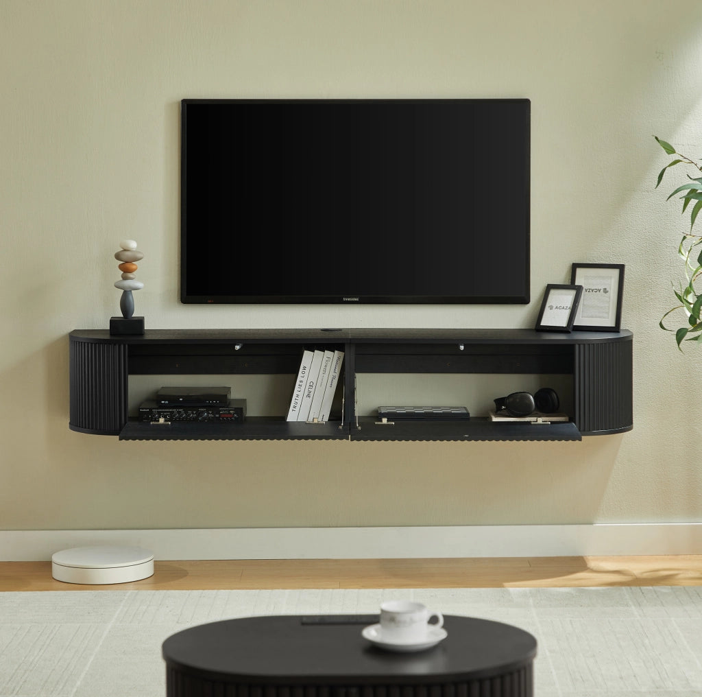 Mobile TV sospeso 180x32x30 cm con passacavi e ante ammortizzate nero