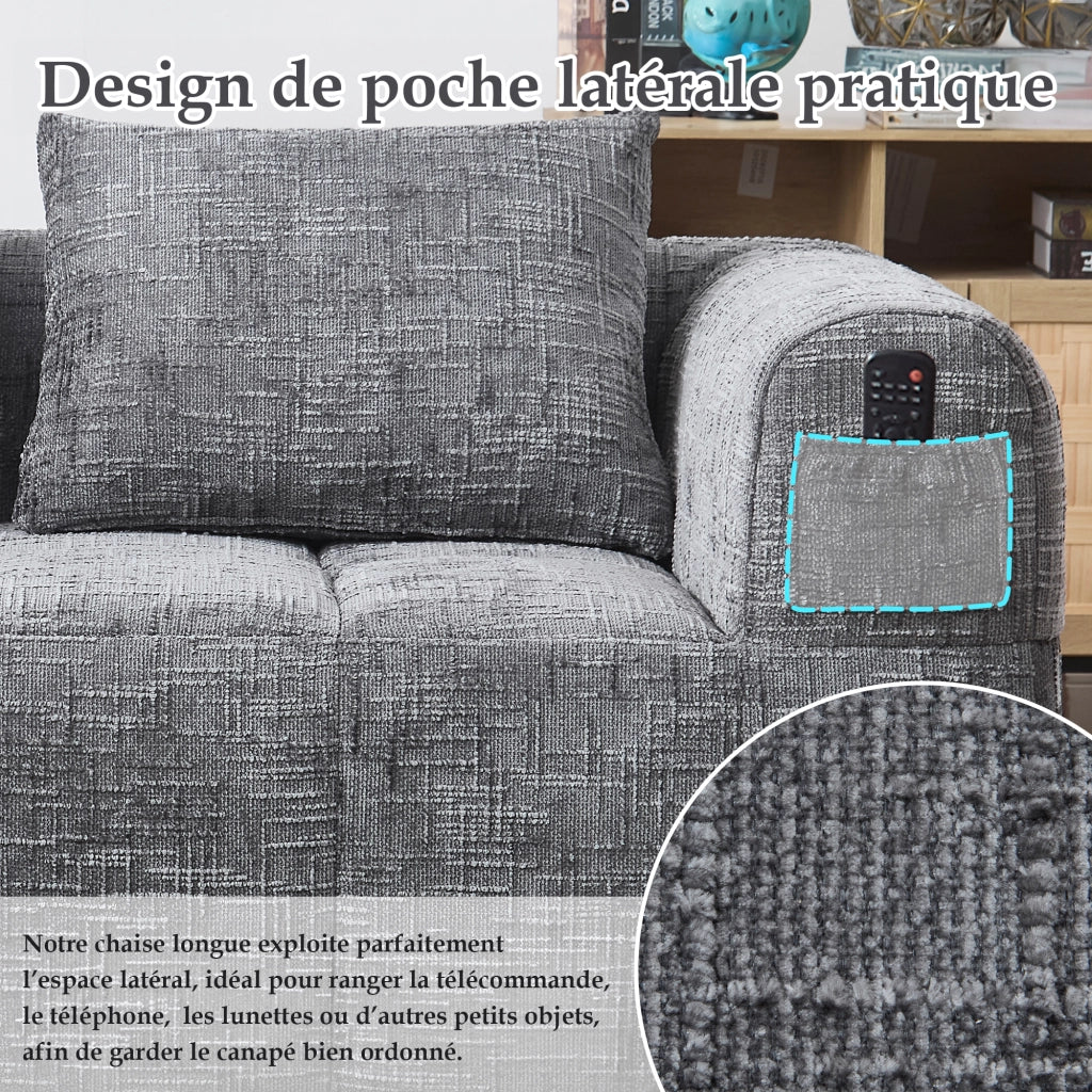 Divano a 2 Posti con Chaise Longue; Cuscino e Tasche Laterali; in Ciniglia; Grigio; 158 × 90 × 60 cm