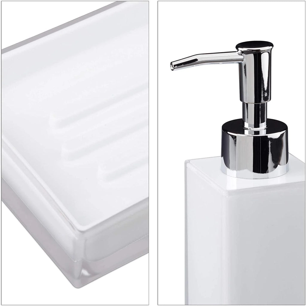 Set accessori bagno 4 pezzi dispenser sapone bicchiere portasapone spazzolino bianco plastica 13_0002462