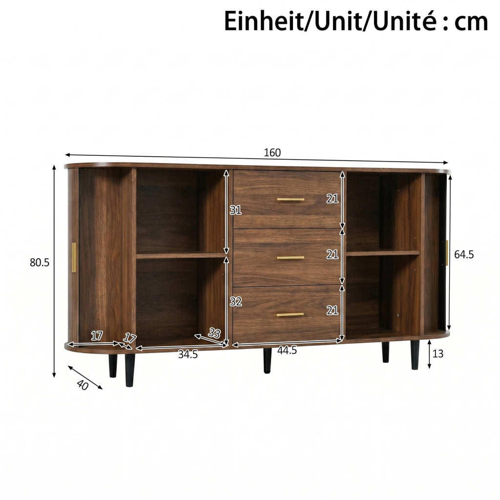 Credenza da sala da pranzo, mobile da ingresso, 3 cassetti, ante scorrevoli, piedini in metallo, color noce