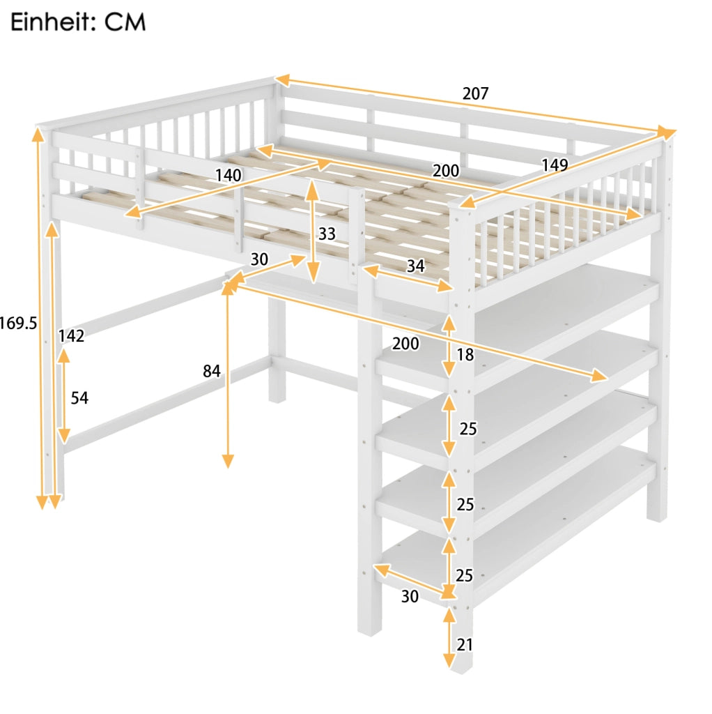 Letto a soppalco per bambini 140x200 cm con scrivania e scaffali, senza materasso, bianco