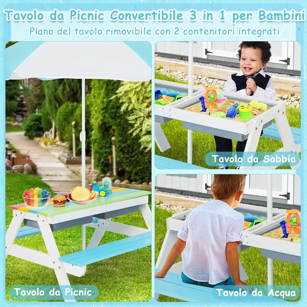 Set Tavolo e Sedie per Bambini da Giardino 3 in 1, con Ombrellone Rimovibile e Regolabile, Piano Rimovibile, Tavolo con Panche in Legno per Bambini da Interno Esterno (Blu e Bianco)