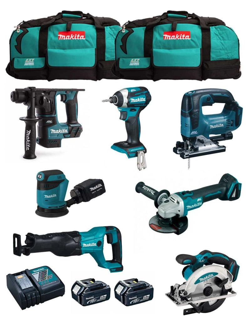 MAKITA Kit MK704 (DHR171 + DGA504 + DTD154 + DJR186 + DJV182 + DSS610 + DBO180 + 2 x 5,0 Ah + DC18RC + 2 x LXT600)