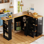Carrello Bar Allungabile con 2 Ante e 3 Cassetti ¨C MINIMAL ¨C Bianco/Nero, Piano in Legno, 135-228x39x104 cm