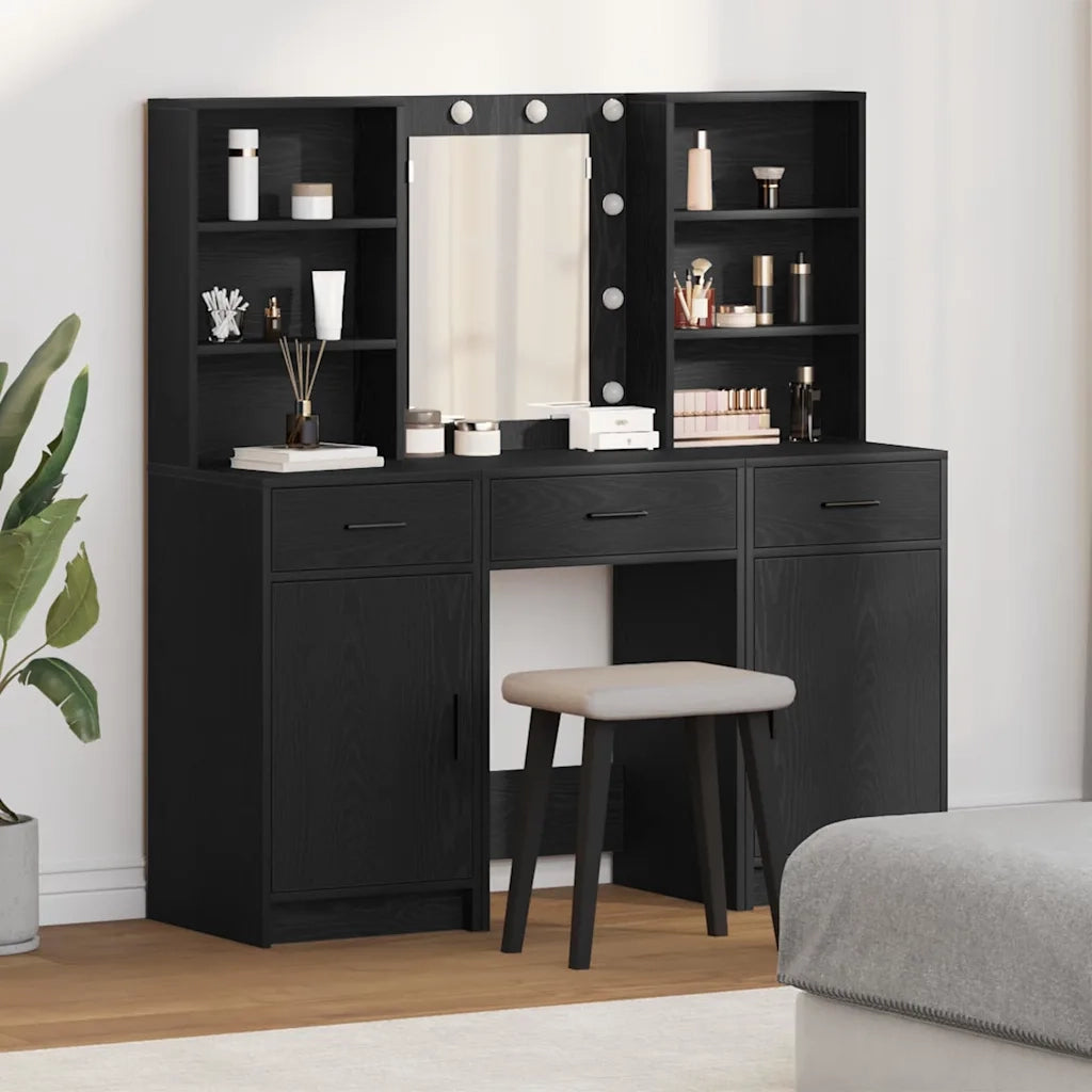 Set da tavolo da trucco con LED con cassetto 3 pcs Rovere Nero 3334291