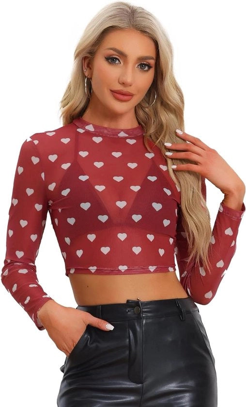 Bluse da donna con maniche lunghe e disegno a cuore trasparente in mesh