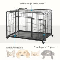 Kennel Gabbia per Cani Pieghevole a Doppia Porta con Blocco, Box per Cani con 4 Ruote con Freno e Fondo Rimovibile, 125x76x81cm, Grigio Scuro